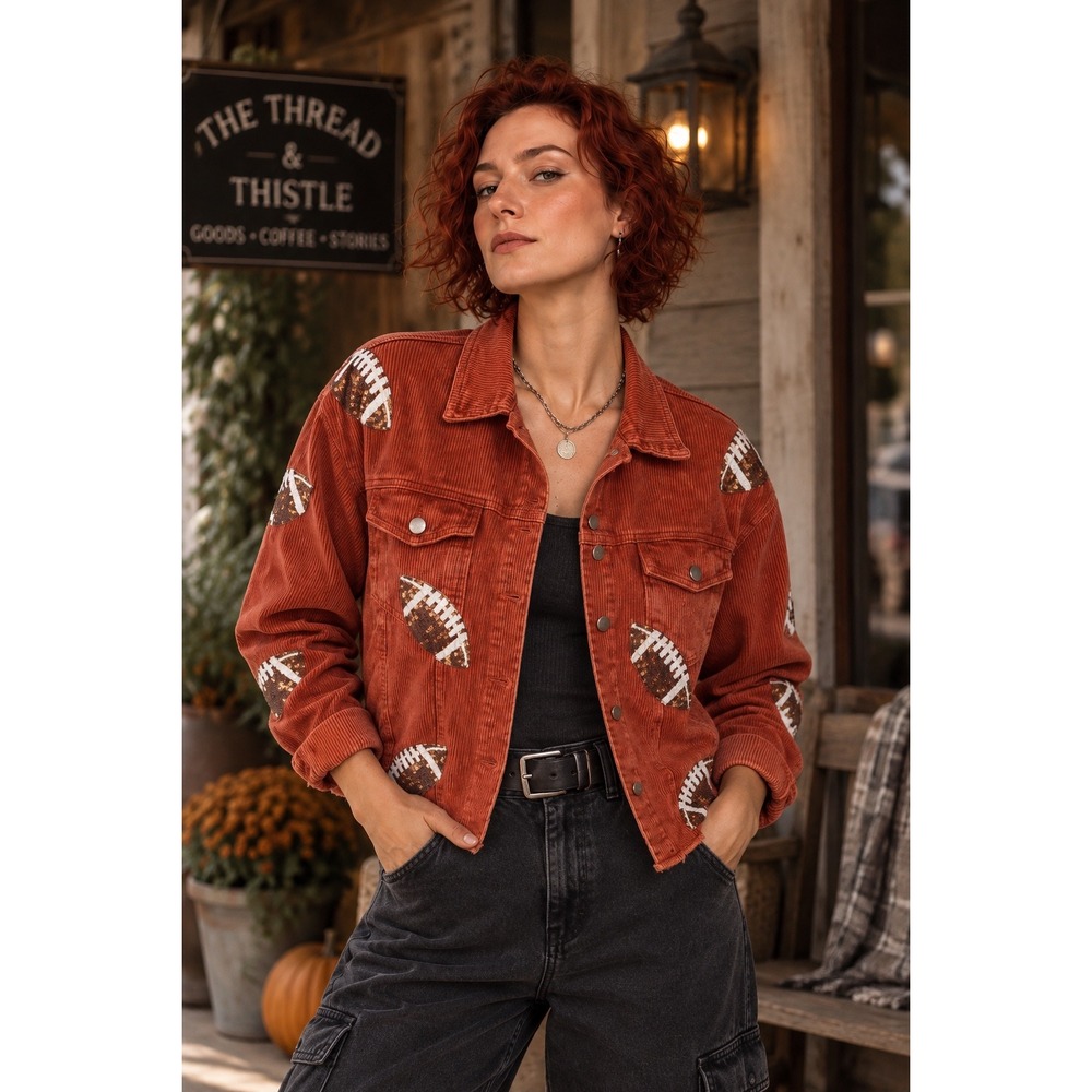 Burnt Orange Corduroy Football Sequin Patch Jacket XL Raw Hem Game Day